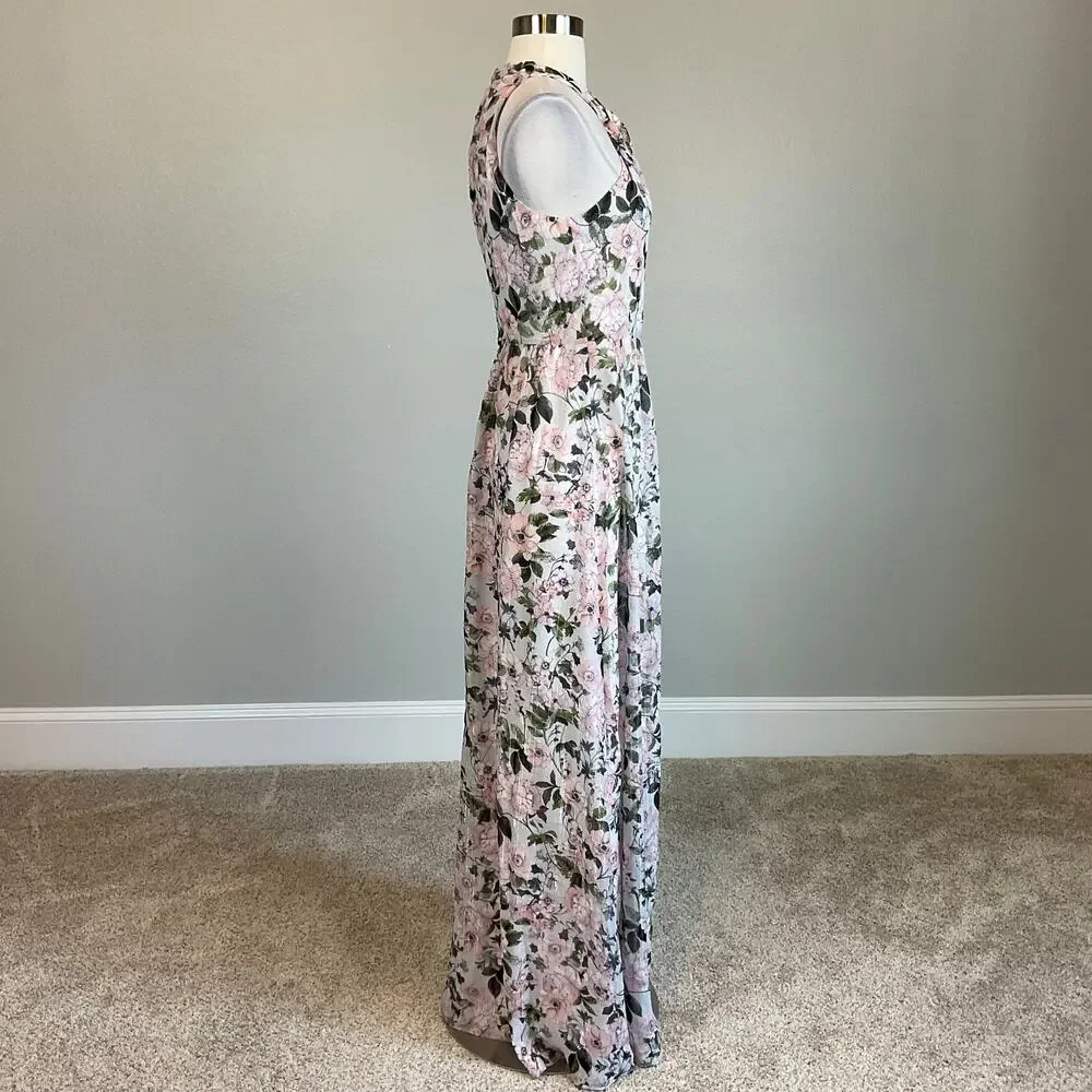 Laundry Metallic Floral Print Sleeveless Halter Maxi Dress Pink Size 16 Gown